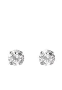Boucles d'oreilles en diamant rond avec des sertissages à quatre griffes, présentant des pierres claires et une finition argent métallique. Design simple et élégant.