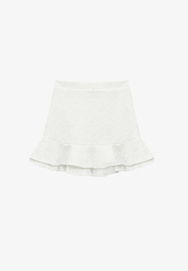 Jupe blanche avec un ourlet évasé, ornée d'un motif floral texturé. Fabriquée dans un tissu léger, elle dispose d'une taille ajustée.