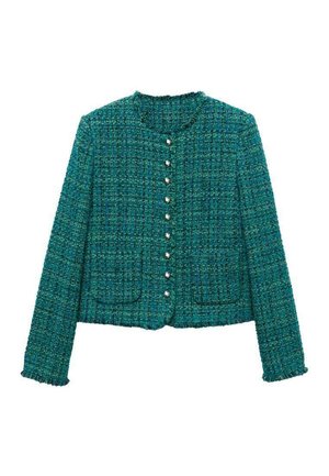 Teal tweedjacka med en texturerad yta, kort design, rund halsringning och pärlknappar fram. Har två framfickor.