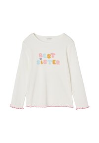 White long-sleeve ribbed shirt with pink ruffled cuffs and hem, displaying colorful "BEST SISTER" text and a small heart on the front.