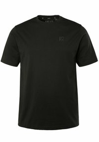 Camiseta de algodón negra con cuello redondo, mangas cortas y un sutil logo impreso en el pecho. Textura suave, corte clásico.