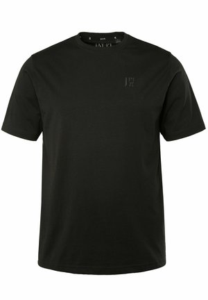 Zwarte katoenen t-shirt met een ronde hals, korte mouwen en een subtiele logo print op de borst. Soepele textuur, klassieke pasvorm.