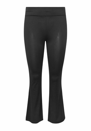 Pantalones negros elásticos cropped con cintura ajustada y piernas ligeramente acampanadas, exhibidos sobre un fondo blanco.