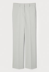 Lichtgrijze broek van een gladde stof, met een rechtstaand ontwerp, twee zijzakken en een veelzijdige, op maat gemaakte silhouet.