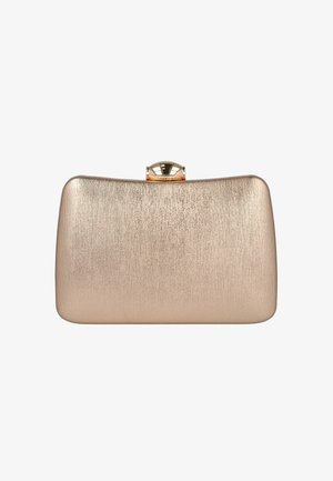 Bolso de mano metálico dorado con forma rectangular, superficie texturizada y cierre con broche dorado. Diseño simple y elegante con un aspecto minimalista.