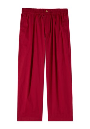 Pantaloni rossi dalla vestibilità larga, con vita elastica, chiusura frontale con bottoni e tasche laterali, mostrati distesi su sfondo bianco.