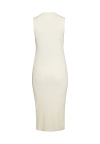 Mouwloze geribde midi-jurk in lichtcrème kleur, met een getailleerde silhouet en een soepele textuur, voorzien van een ronde halslijn en een jurk die tot op de knie komt.