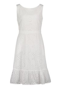 Bezramínkov dress bílá, po kolena, s výřezovými květinovými vzory a volánkovým lemem.