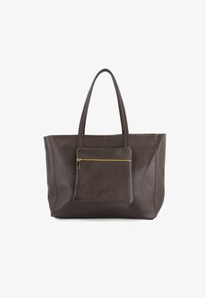 Brown leather tote bag with textured finish, two long handles, and a front zippered pocket. Features contrasting stitching details.