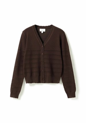 Brauner, gestrickter Cardigan mit Knöpfen, langen Ärmeln, V-Ausschnitt und durchgehendem strukturiertem Lochmuster.