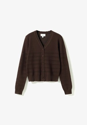 Brauner, gestrickter Cardigan mit Knöpfen, langen Ärmeln, V-Ausschnitt und durchgehendem strukturiertem Lochmuster.