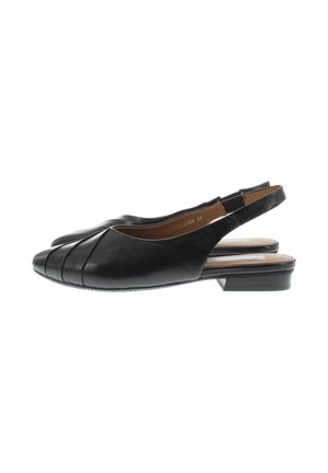 Black leather slingback shoes with a rounded toe and pleated design. Flat heel and cushioned insole for comfort. Simple, minimalistic style.