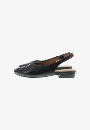 Black leather slingback shoes with a rounded toe and pleated design. Flat heel and cushioned insole for comfort. Simple, minimalistic style.