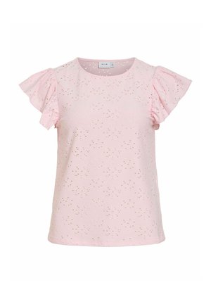 Hele roosa lühikeste varrukatega pluus silmkoe mustriga ning volangidega varrukad, ümmargune kaelus ja sirge ääreosa.