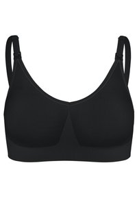 Czarny stanik sportowy z teksturowanej, elastycznej tkaniny. Posiada regulowane ramiączka oraz bezszwowy design z szerokim pasem dla lepszego wsparcia.