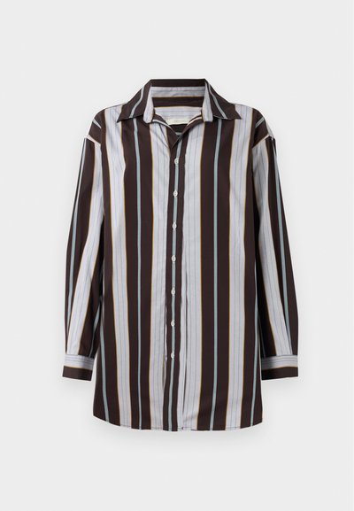 Button-up shirt with long sleeves, featuring vertical stripes in brown, blue, and yellow. Soft fabric, pointed collar, and front buttons.