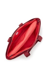 Bolsa de tela roja con cierre con cremallera. El interior presenta un forro de color coral brillante y dos compartimentos, con asas de tela a los lados.