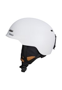 Casque de neige blanc avec une finition mate lisse, une sangle de menton réglable et un revêtement en tissu noir avec une accent en brun. Logo visible.