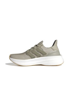 Jasnoszare buty sportowe z siateczkowymi wstawkami, trzema poziomymi paskami, wyściełanym kołnierzem i białą teksturowaną podeszwą środkową. Gumowa podeszwa.