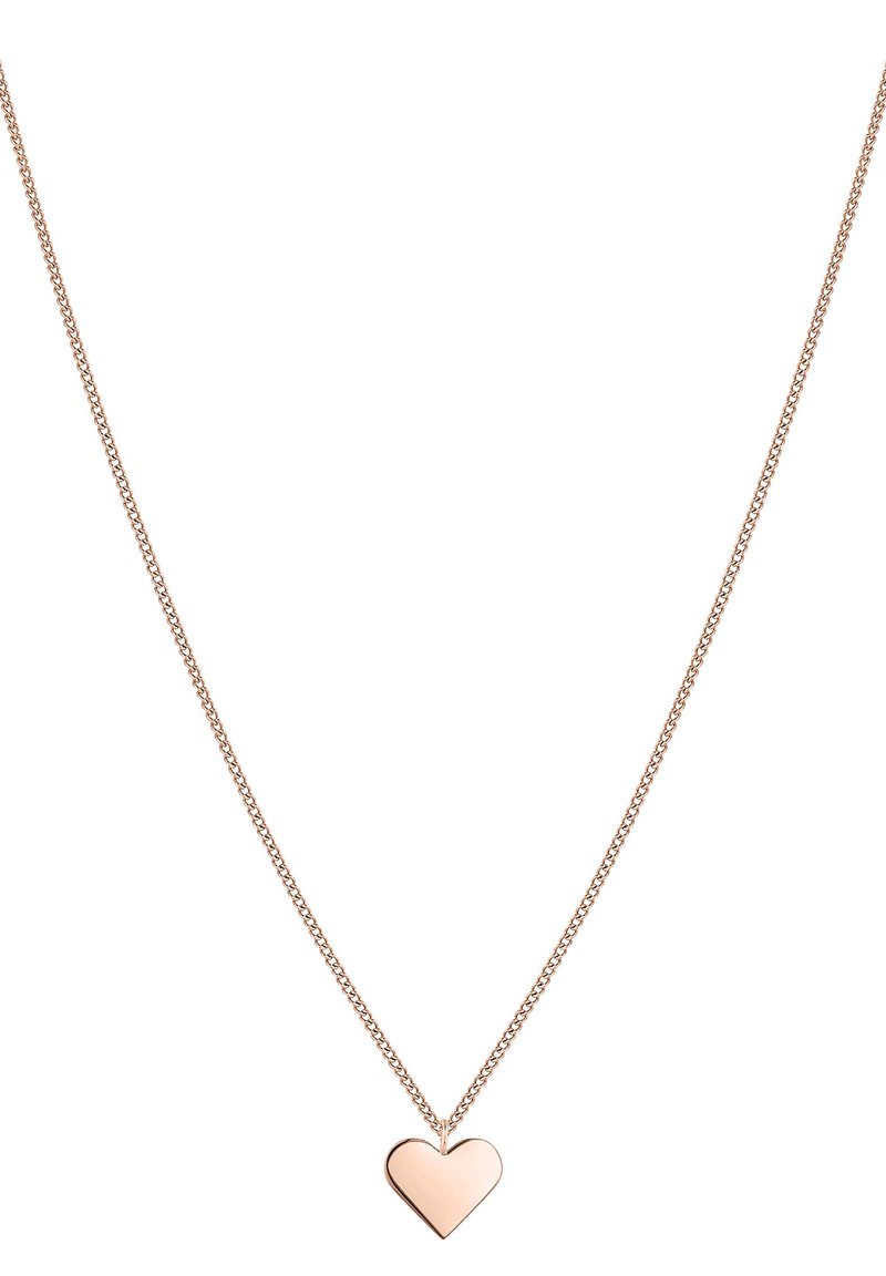Collana in oro rosa con una catena delicata e un pendente a forma di cuore lucido. Il cuore è liscio, senza motivi o decorazioni.