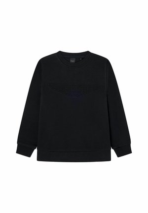 Sweat-shirt noir à manches longues, col rond et logo aile embossé sur le devant. Tissu doux avec une texture lisse et des poignets côtelés.