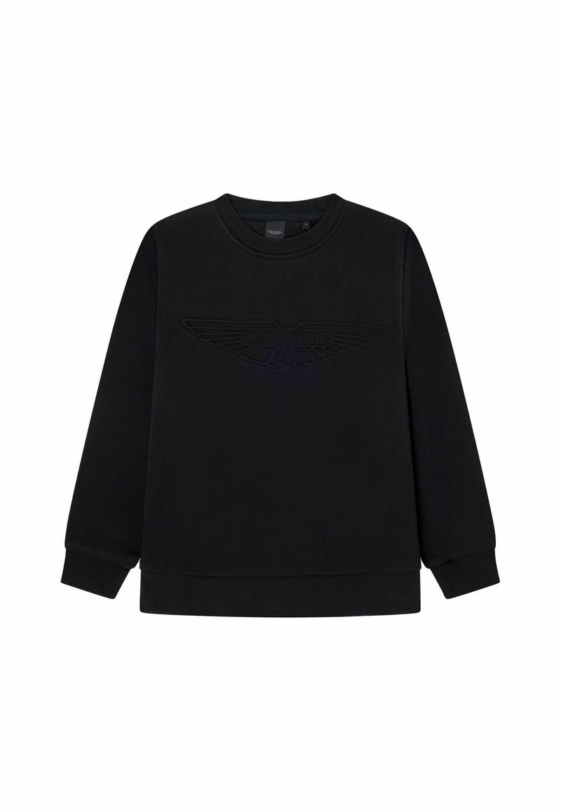 Sweat-shirt noir à manches longues, col rond et logo aile embossé sur le devant. Tissu doux avec une texture lisse et des poignets côtelés.