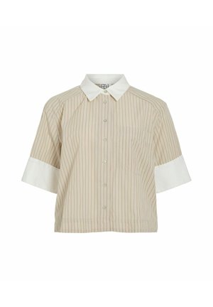 Beige and white short-sleeve button-up shirt with vertical stripes, white collar, and white wide cuffs on sleeves.