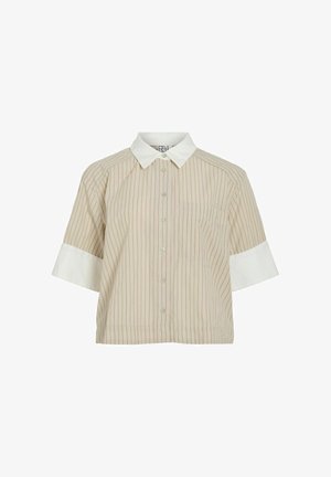 Beige and white short-sleeve button-up shirt with vertical stripes, white collar, and white wide cuffs on sleeves.