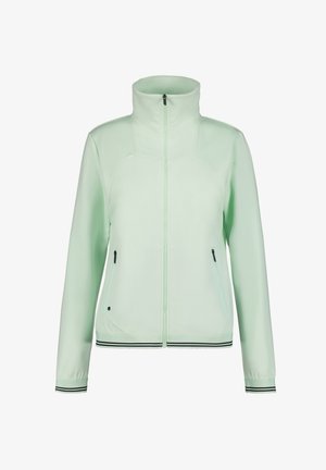 Giacca a zip verde menta con colletto alto, tasche laterali con zip e dettagli neri sull'orlo e sulle maniche. Tessuto morbido e leggero.