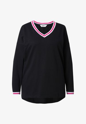 Black long-sleeve V-neck top featuring pink and white striped accents at the collar and cuffs. Soft fabric with a relaxed fit.