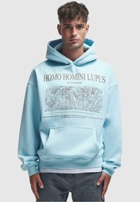 Light blue hoodie featuring a graphic print in brown. It has a kangaroo pocket and a drawstring hood. Soft fabric with a relaxed fit.