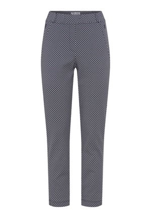 Marineblaue, schlanke Hose mit kleinem weißem Diamantmuster, elastischem Bund und knöchellangem Schnitt.