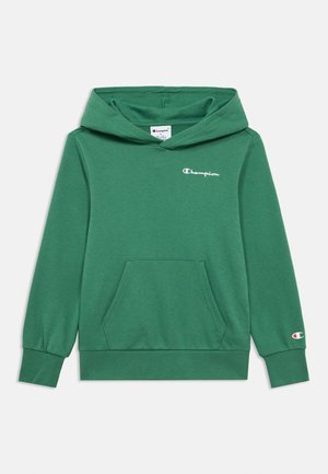 Green hoodie made of soft cotton blend, featuring a front pocket, long sleeves, and an embroidered white logo on the chest.