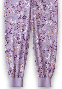 Purple floral joggers with an elastic waistband, featuring intricate patterns in white, pink, and yellow, made from soft fabric.