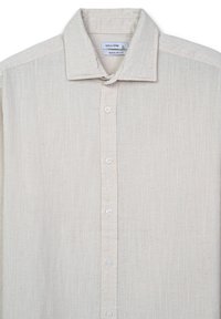 Camicia in lino beige chiaro con vestibilità regolare, caratterizzata da un colletto a punta, patta dei bottoni e maniche lunghe. Tessuto texture con una leggera lucentezza.