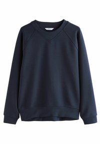 Navyblaues Langarm-Sweatshirt mit V-Ausschnitt und gerippten Bündchen, dargestellt auf einem weißen Hintergrund.