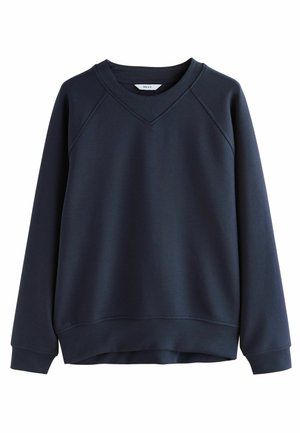 Navy blue long-sleeve sweatshirt with a V-neck and ribbed cuffs, displayed against a white background.