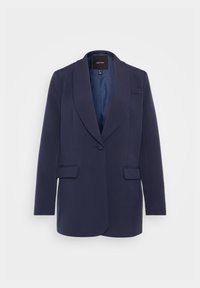 Blazer bleumarin confecționat dintr-un material neted, având rever cu tăietură, două buzunare frontale, închidere cu un singur nasture și interior căptușit cu satin.