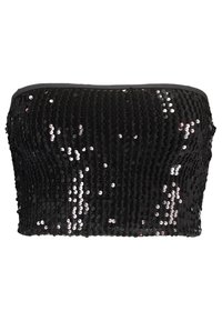 Černý bezramínkový top pokrytý lesklými flitry, zvýrazňující texturovaný povrch s přiléhavým střihem a hladkým lemováním podél horního okraje.