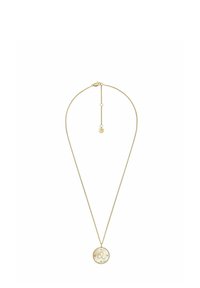 Collana placcata in oro con una catena sottile e un pendente rotondo che presenta un design con una lettera e una stella su uno sfondo di madreperla.