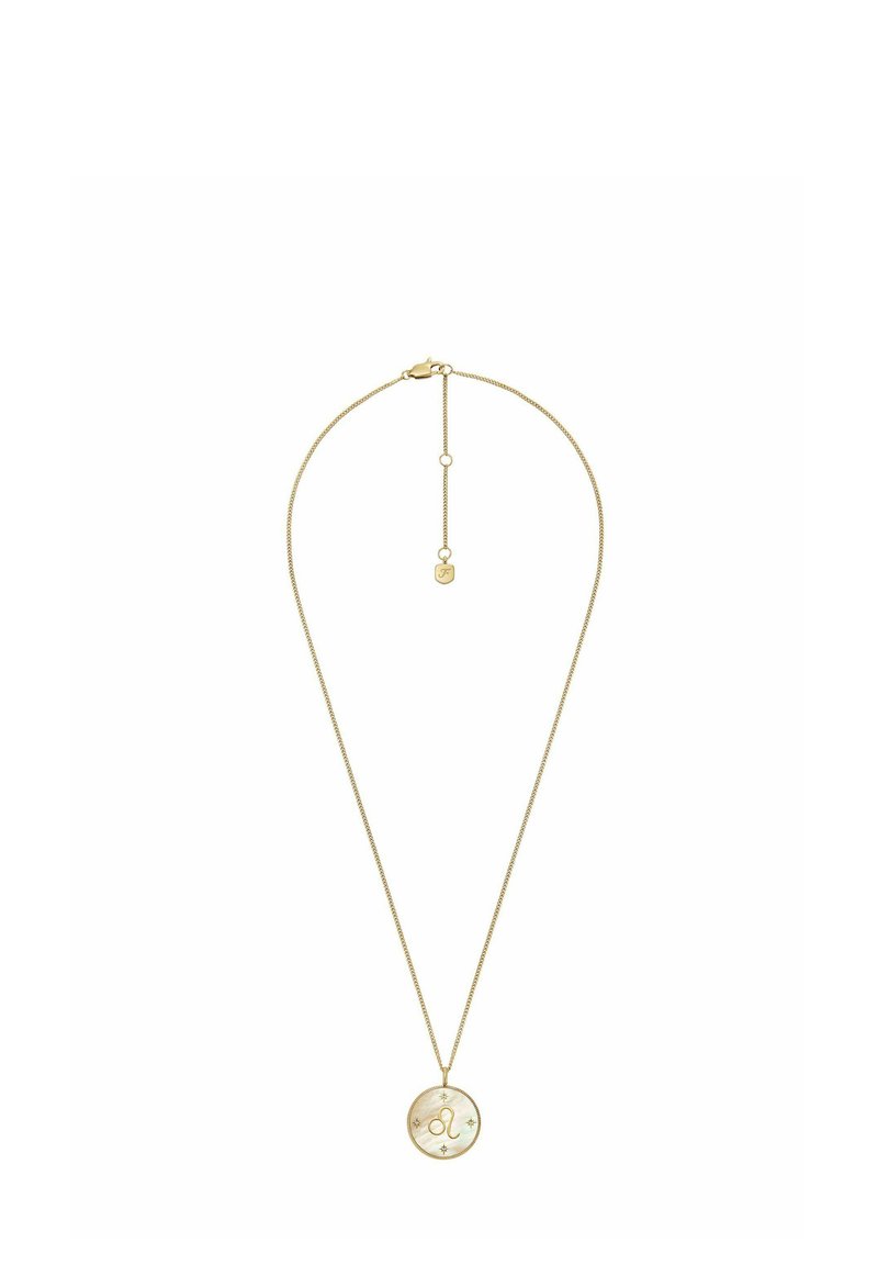 Collana placcata in oro con una catena sottile e un pendente rotondo che presenta un design con una lettera e una stella su uno sfondo di madreperla.