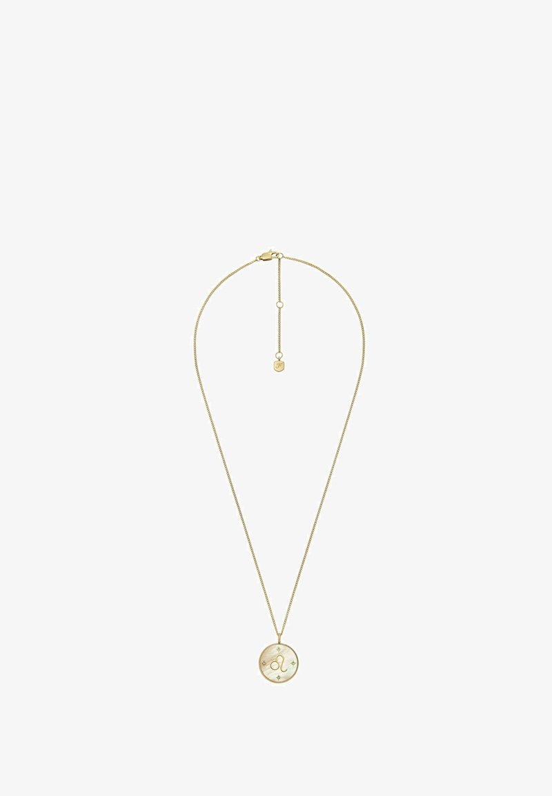Collier plaqué or avec une chaîne fine et un pendentif rond arborant un design de lettre et d'étoile sur fond de nacre.