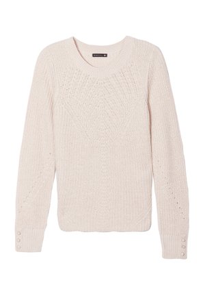 Hellrosa gestrickter Pullover mit Rundhalsausschnitt, strukturiertem Muster und knöpfbaren Manschetten. Lockerer Schnitt mit geripptem Saum und Ärmelakzenten.