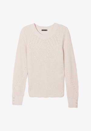 Hellrosa gestrickter Pullover mit Rundhalsausschnitt, strukturiertem Muster und knöpfbaren Manschetten. Lockerer Schnitt mit geripptem Saum und Ärmelakzenten.