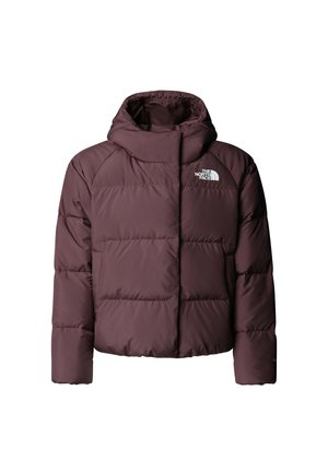 Giacca a vento color marrone rossiccio con cappuccio, caratterizzata da un colletto alto, design trapuntato e logo bianco sulla spalla sinistra. Texture liscia e imbottita.