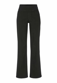 Mustat korkeavyötäröiset housut, joissa on elastinen vyötärö, etutaskut ja leveät suorat lahkeet, esillä valkoista taustaa vasten.