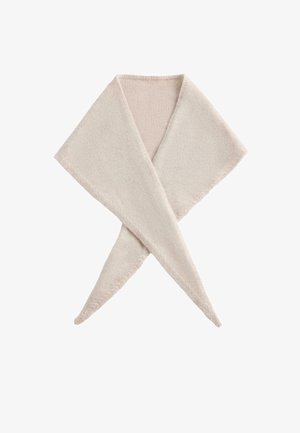 Knit triangular scarf in soft beige wool, featuring a smooth texture and a clean finish with a subtle detailing along the edges.