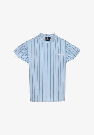 Himmelblaues Kurzarmshirt mit vertikalen blauen Streifen. Verfügt über geraffte Ärmel und ein weißes Logo auf der Vorderseite. Hergestellt aus weichem Baumwollmaterial.