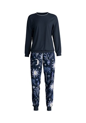 Navy long-sleeve top with white trim paired with patterned joggers featuring celestial designs in white and blue on a dark background.