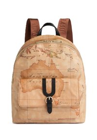 Zaino stampato con una mappa vintage che evidenzia l'Australia, dotato di spallacci regolabili marroni e una tasca frontale con una fibbia nera e una cerniera dorata.
